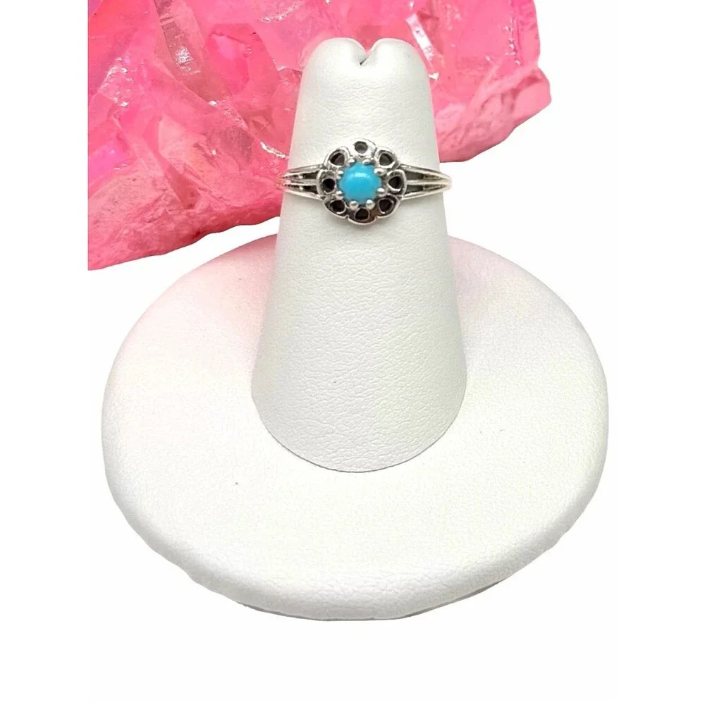Sleeping Beauty Turquoise Mine Ring Size 5 Flower Solid 925 Sterling Silver